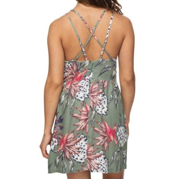 Roxy Green Tropical Hawaiian Print Criss Cross Strap Mini Dress - Picture 2 of 7